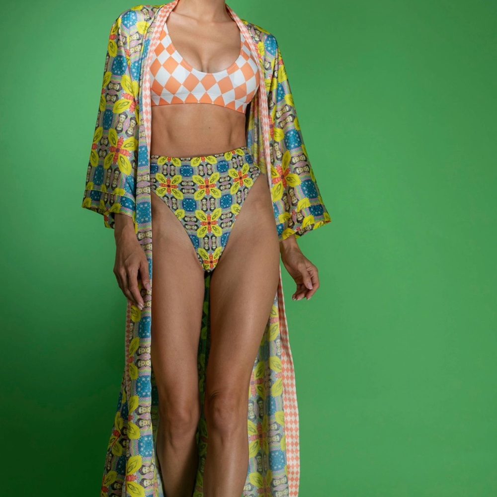 Frida Kahlo Inspired High Waisted Bikini Set Colorful Retro Boho Swim NWT